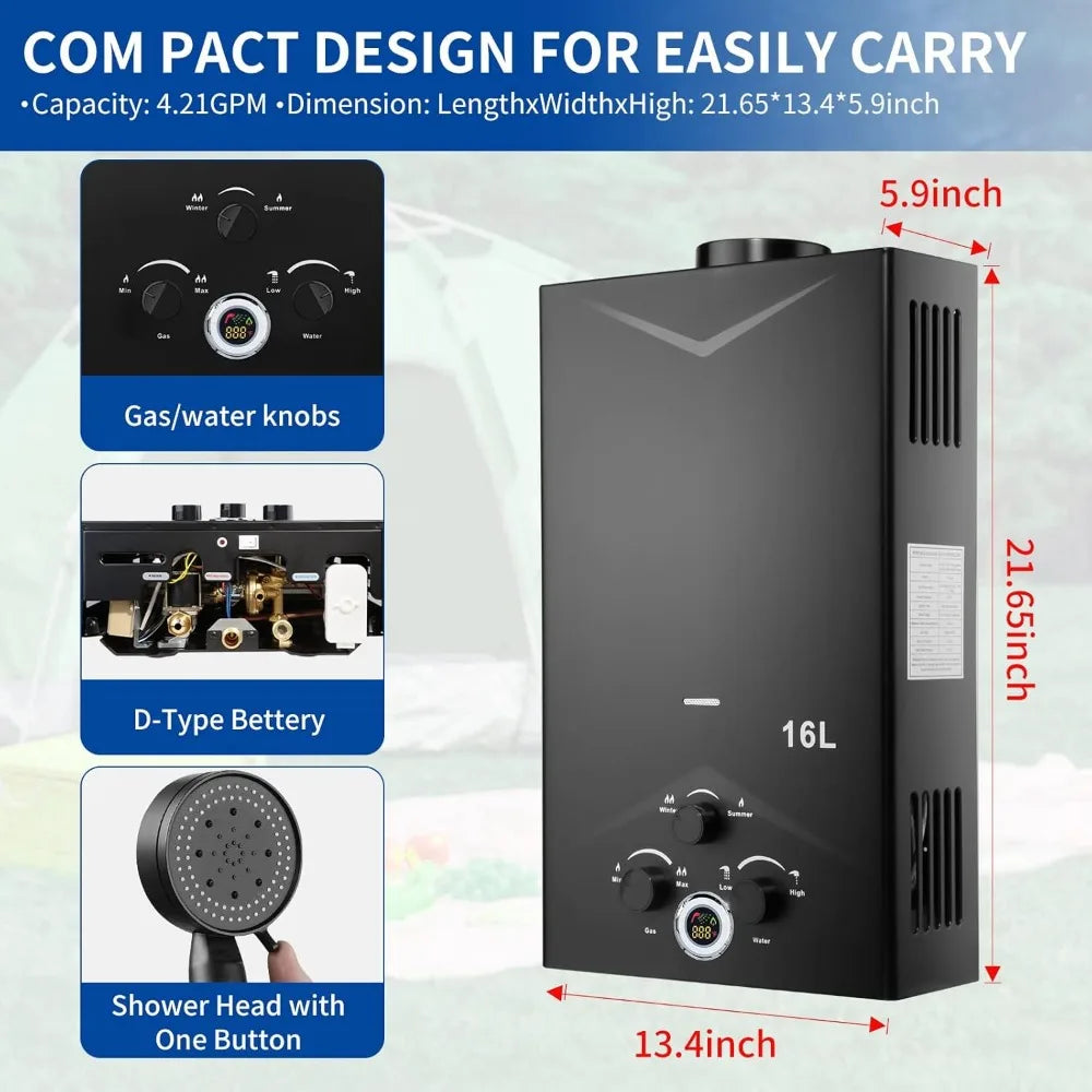 Portable Outdoor Gas Water Heater with Digital Display, Instant Hot Water