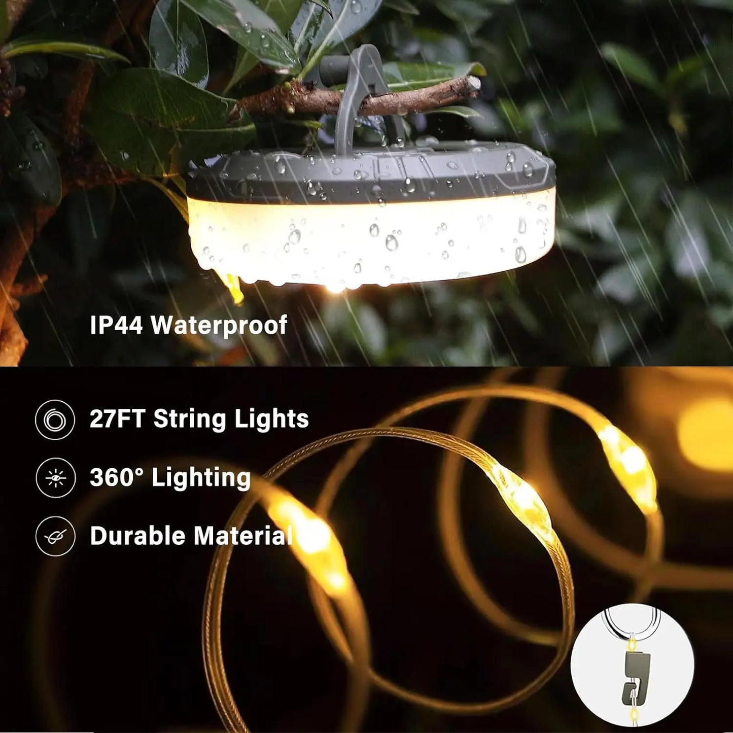 Rechargeable LED Camping String Lights with Magnetic Base & 8 Modes