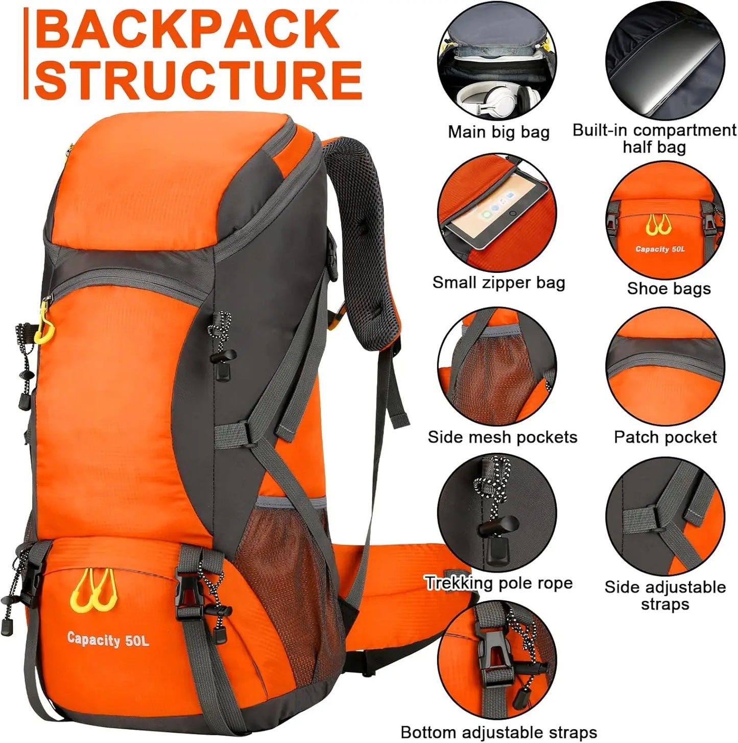 Waterproof 50L Hiking Backpack with Rain Cover for Camping & Travel