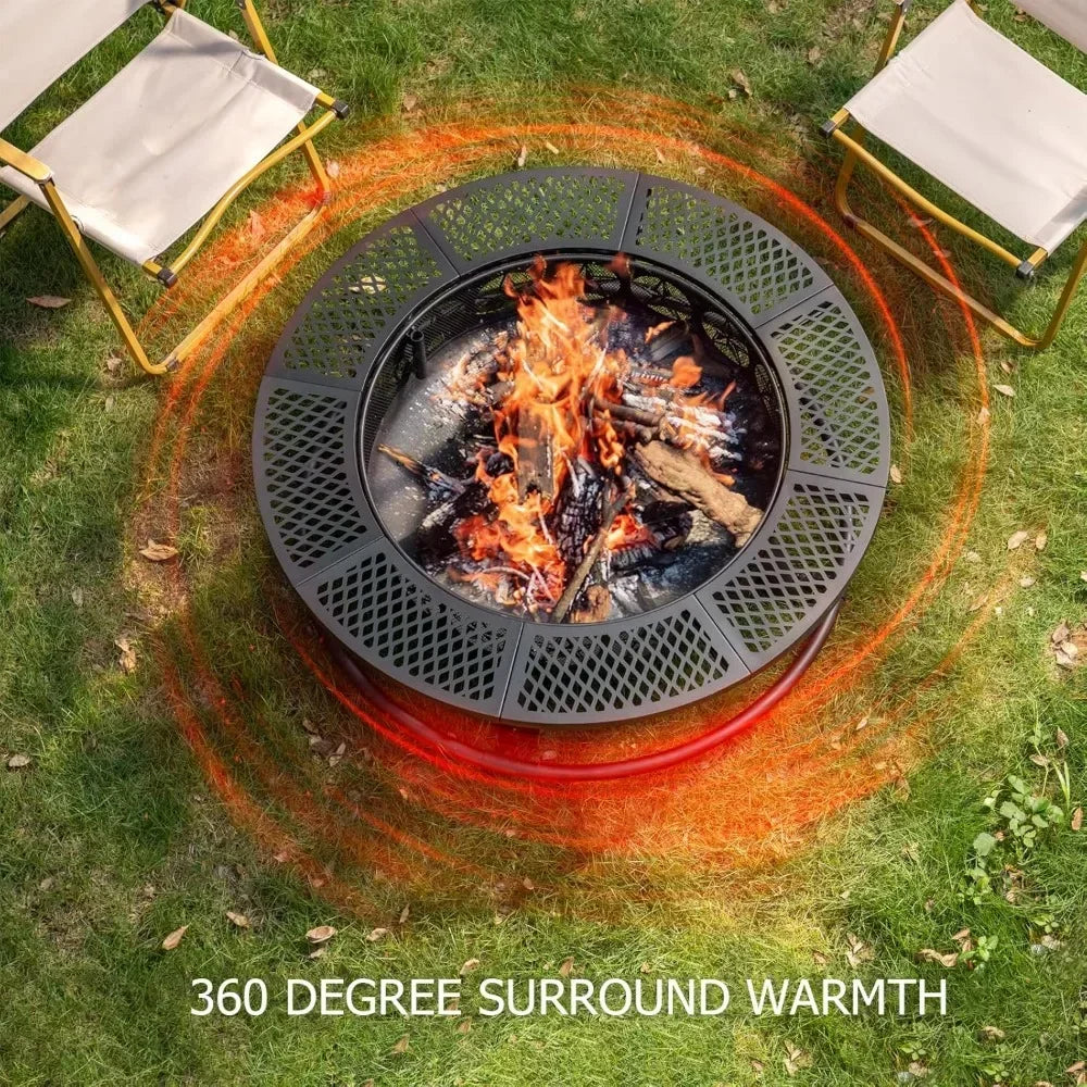 36 Inch Fire Pit with Cooking Grill, Outdoor Wood Burning BBQ Firepit with Lid, 3-in-1 Outdoor Fire Pit