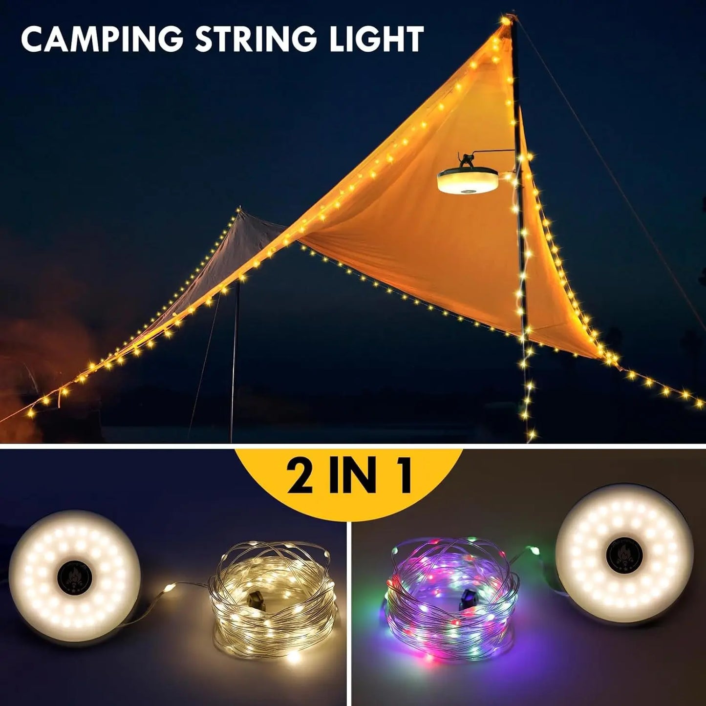 Rechargeable LED Camping String Lights with Magnetic Base & 8 Modes