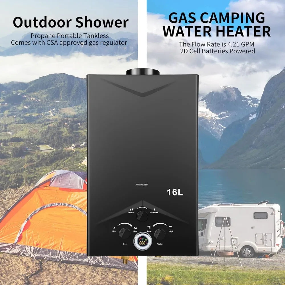 Portable Outdoor Gas Water Heater with Digital Display, Instant Hot Water