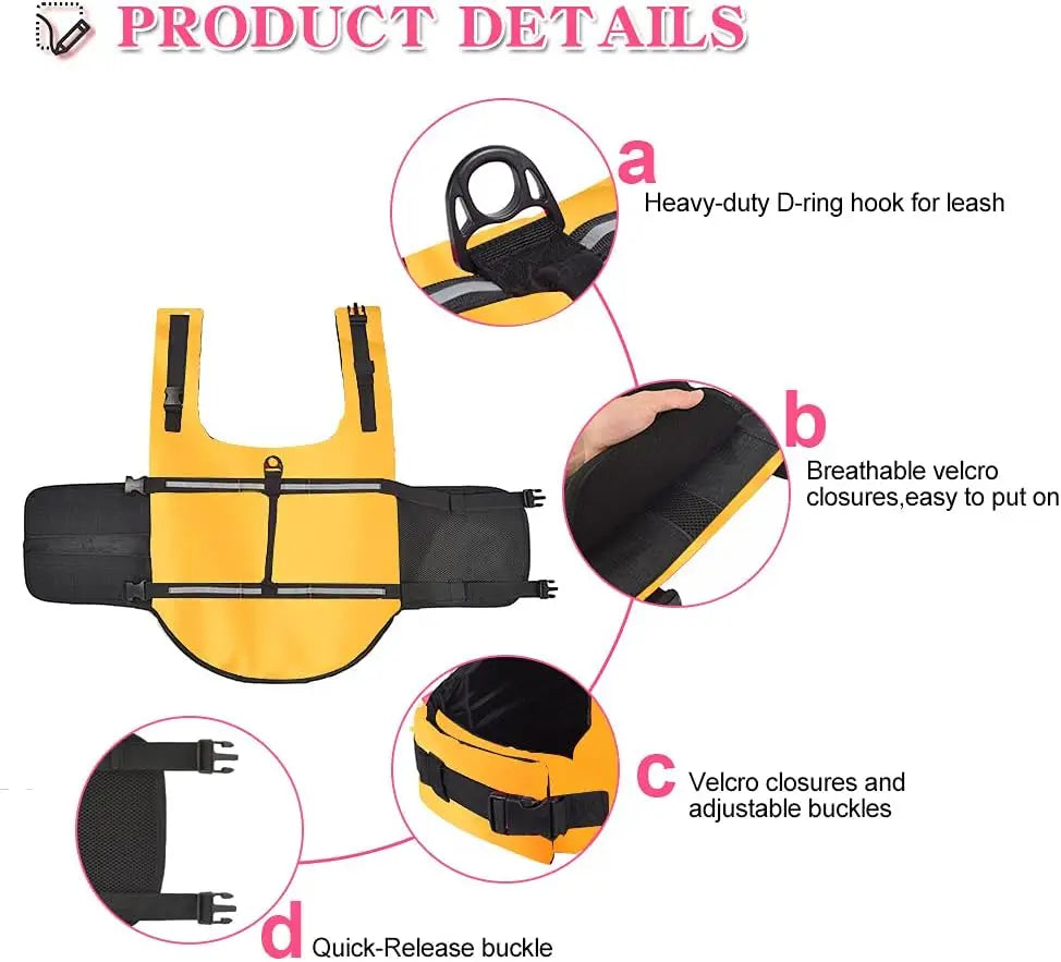 Reflective & Adjustable Life Jacket for Dogs with Rescue Handle for Swimming