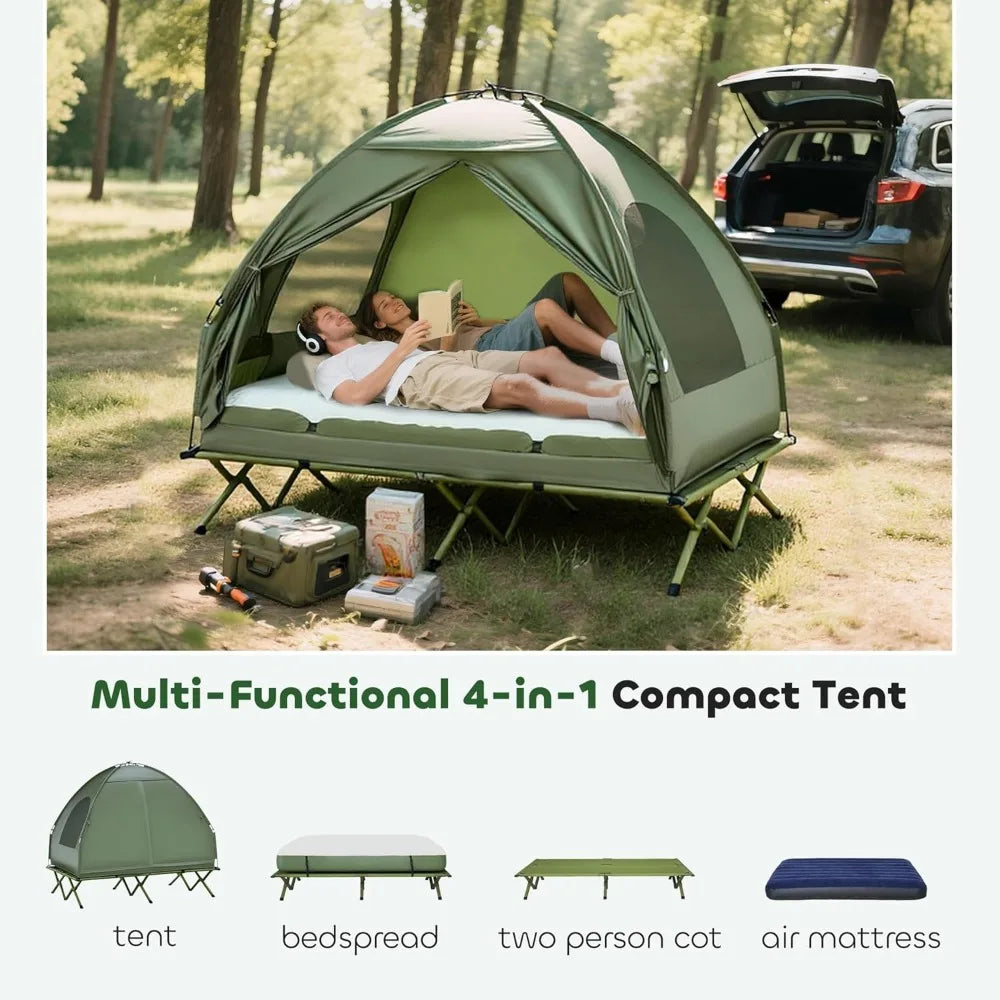 2-Person Tent Cot, 4-in-1 Folding Tent Combo with Air Mattress, Foot Pump, Carry Bag, Off Ground Travel Cot for Camping, Hiking