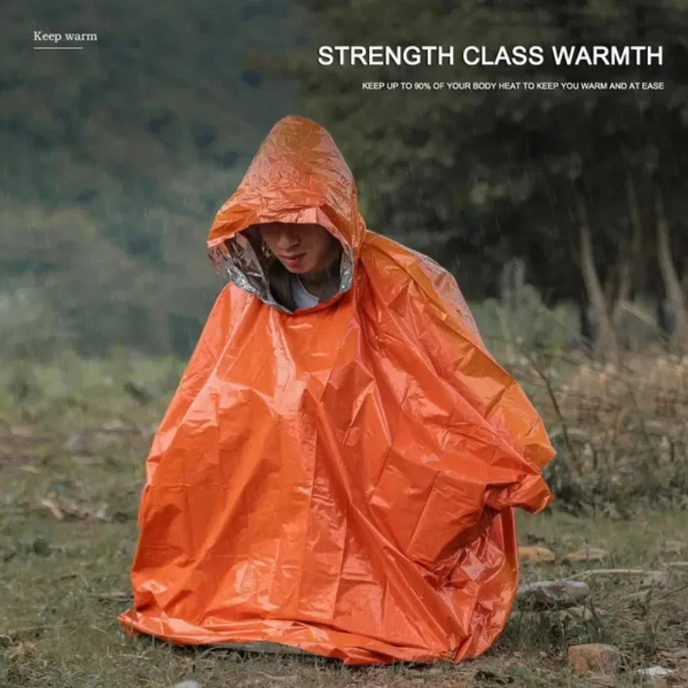 Reversible Emergency Waterproof Poncho with Reflective Thermal Blanket for Outdoor Survival