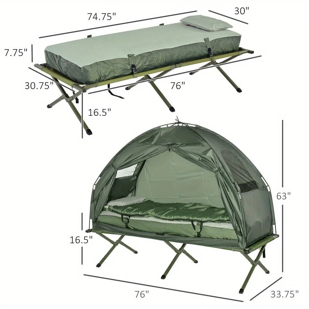 Outdoor 1-person Folding Tent Elevated Camping Cot w/Air Mattress Sleeping Bag