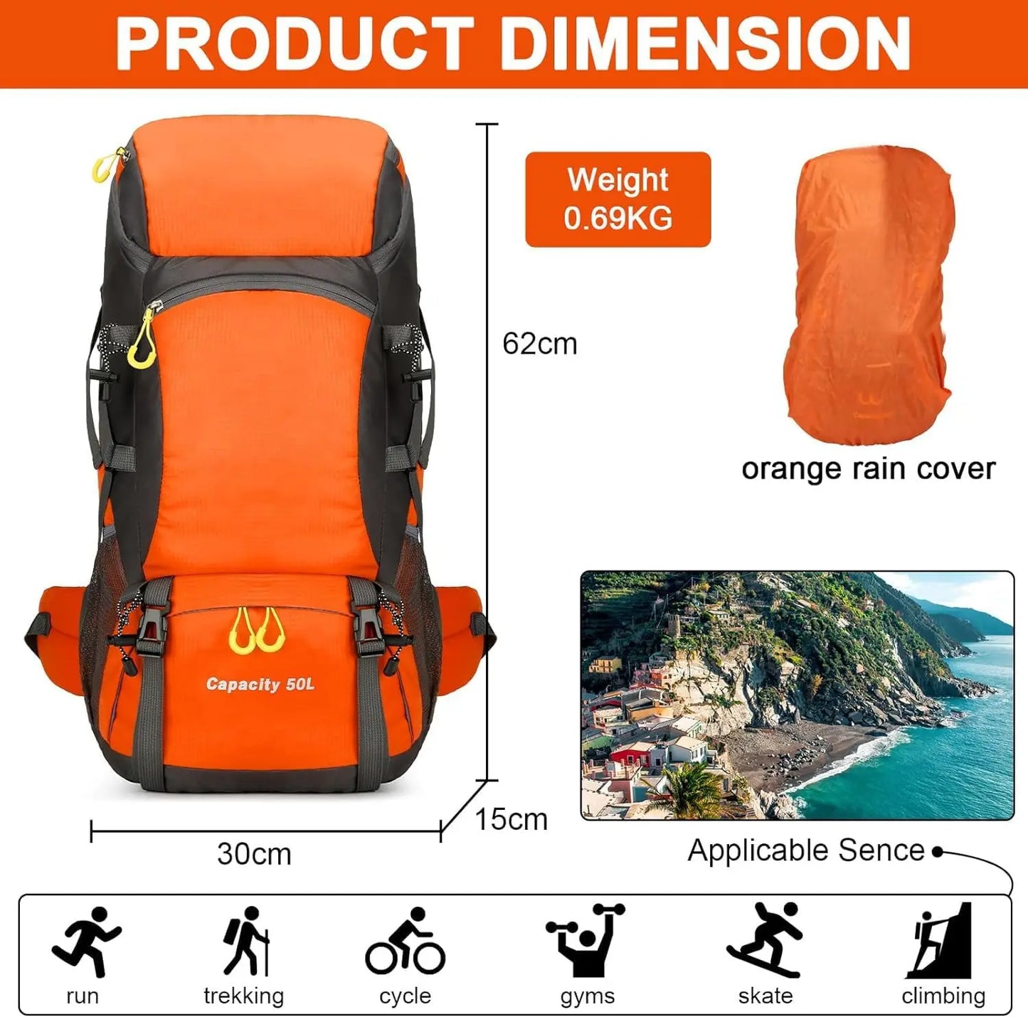 Waterproof 50L Hiking Backpack with Rain Cover for Camping & Travel