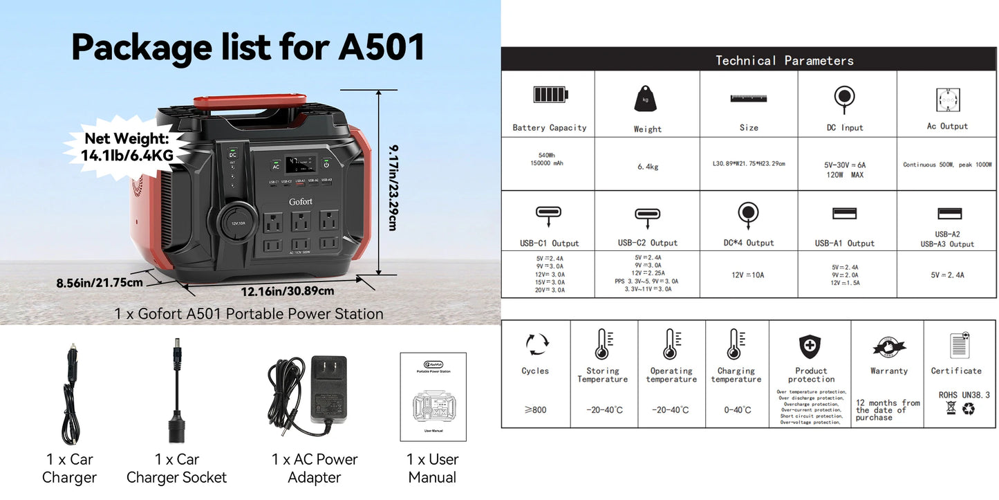 FlashFish A501 Portable Power Station 540Wh with 100W Solar Panel Kit