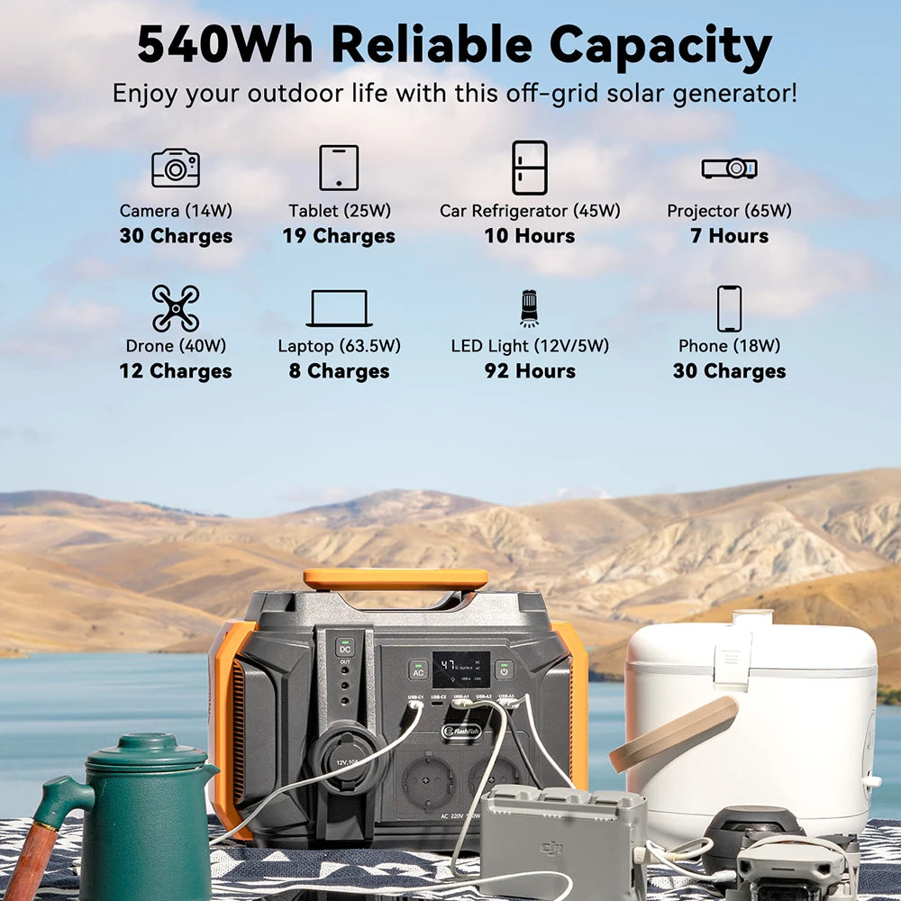 FlashFish A501 Portable Power Station 540Wh with 100W Solar Panel Kit