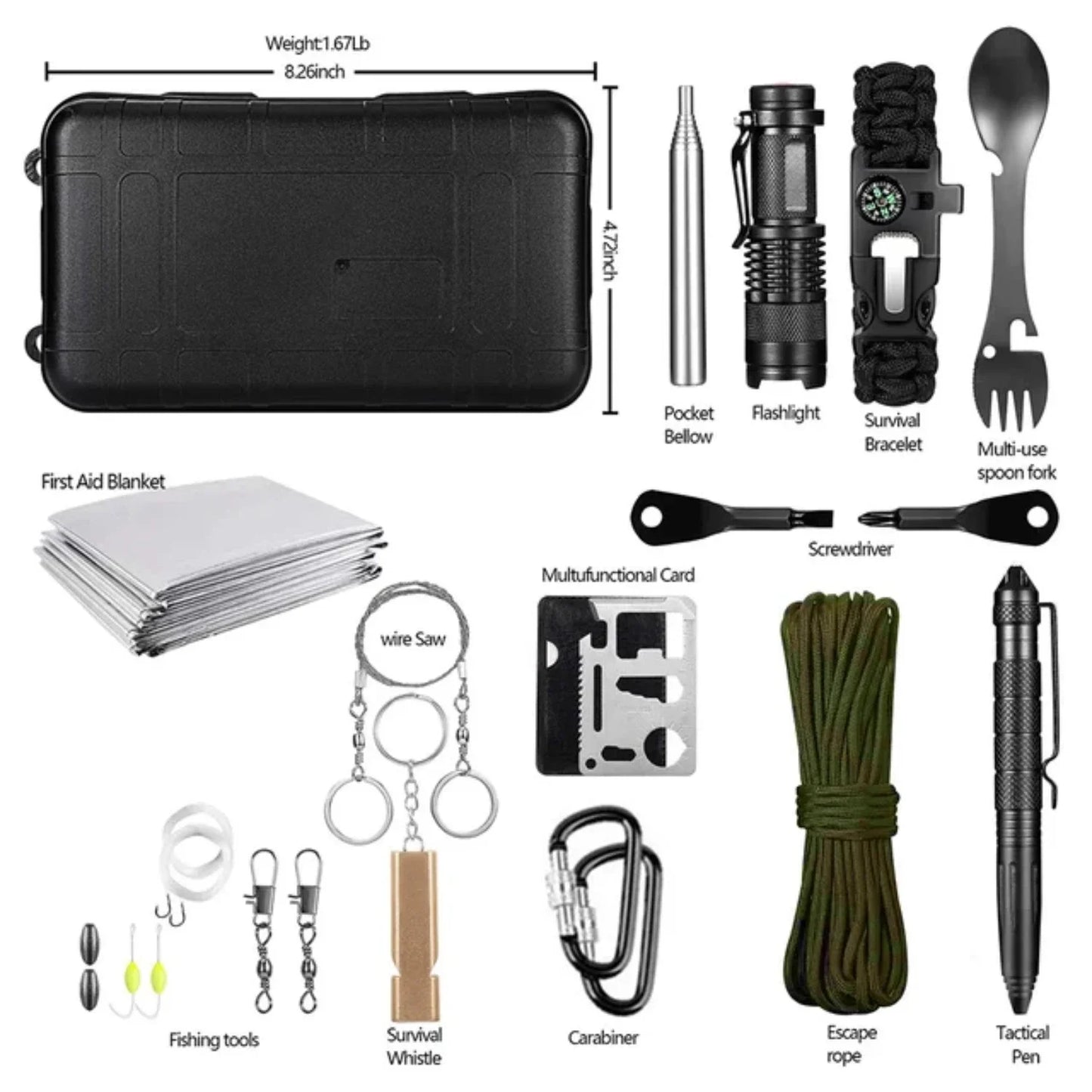 15 IN 1 Emergency Survival Kit Gear Camping Multifunction Defense Equipment First Aid SOS