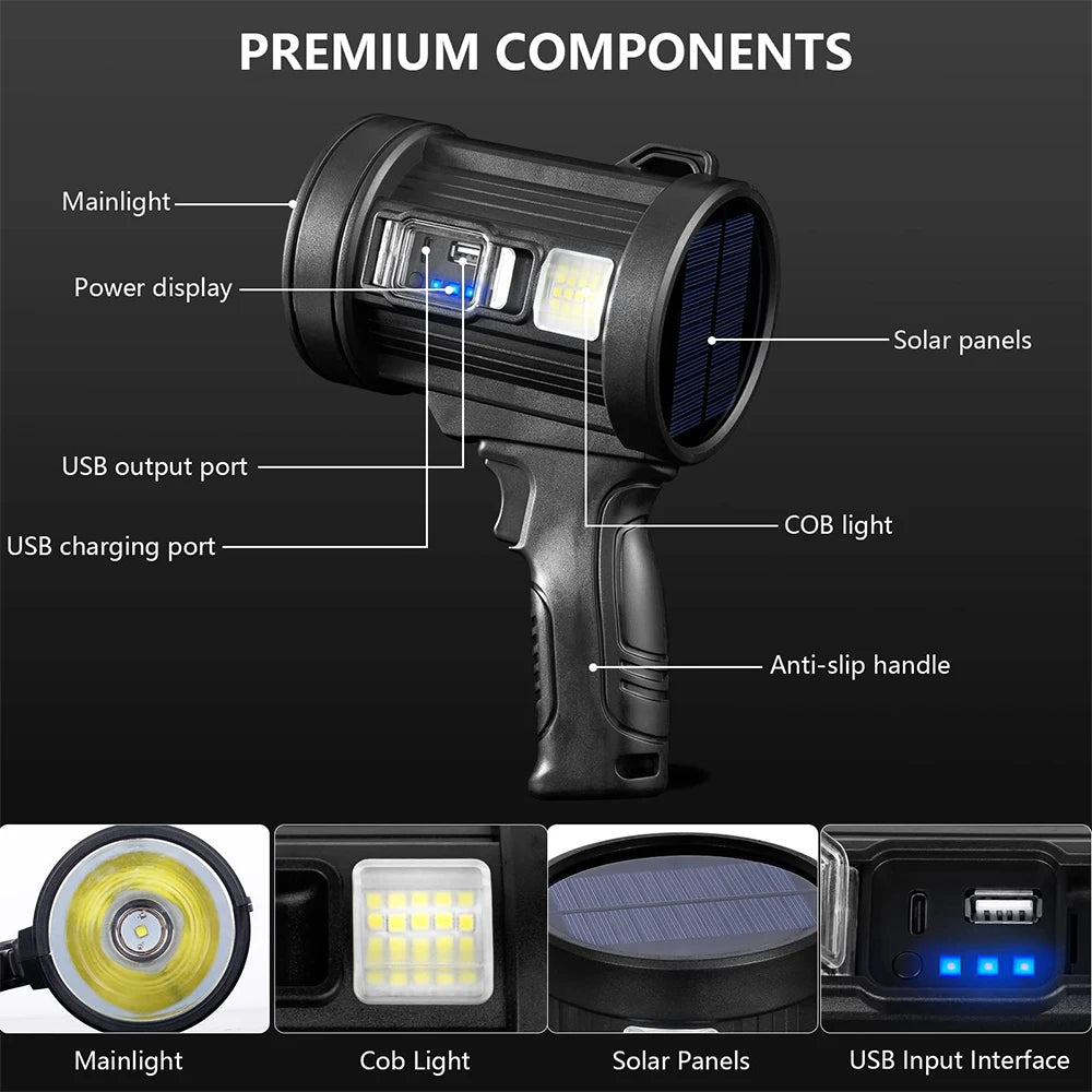 Handheld LED Searchlight with USB and Solar Charging