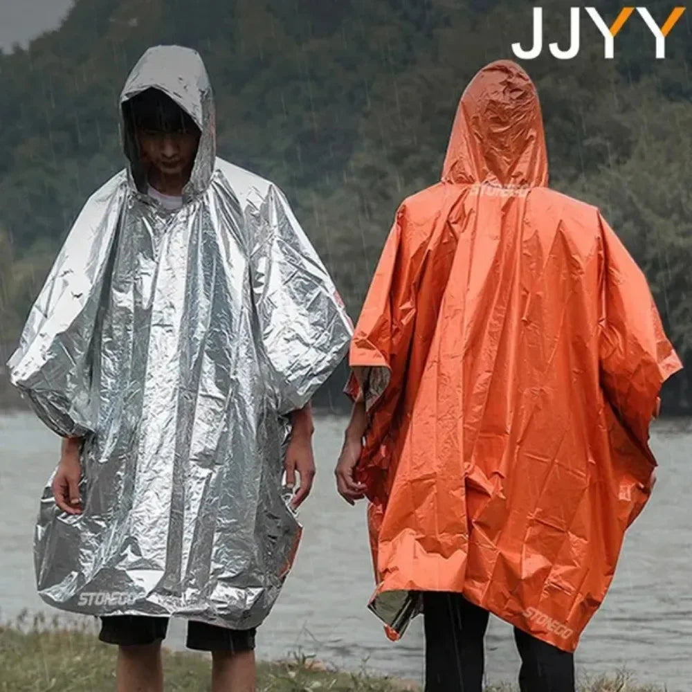 Reversible Emergency Waterproof Poncho with Reflective Thermal Blanket for Outdoor Survival