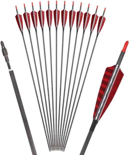 30" Pure Carbon Arrows 6/12 Pieces for Compound Bows w/100 Grain Screw Tips & 4 Inch Turkey Feathers Spine